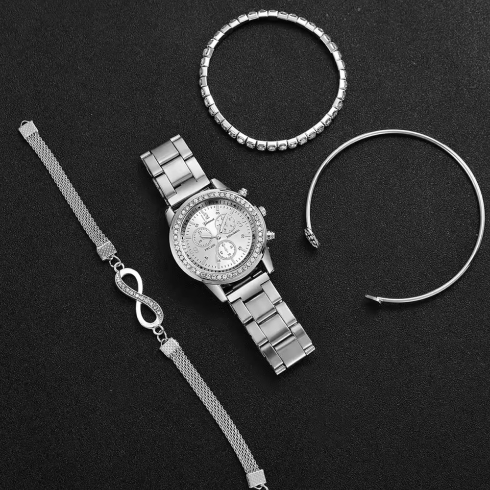 Rhinestone Silver Women’s Watch Bracelet Set Stainless Steel Quartz Jewelry Set - Picture 3 of 4